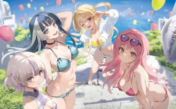4girls ahoge alternate_costume aqua_bikini balloon barefoot bent_over bikini blonde_hair blue_sky blush bracelet breasts choker cleavage closed_mouth cloud cloudy_sky collarbone commentary_request cropped_hoodie eyewear_on_head floating_hair fortissimo gradient_hair grass hair_ornament hairclip halterneck happy highres hololive hololive_dev_is hood hood_down hoodie ichijou_ririka jewelry juufuutei_raden large_breasts long_hair long_sleeves looking_at_viewer multicolored_hair multiple_girls musical_note musical_note_hair_ornament navel noir_socery777 o-ring o-ring_bikini ocean one_side_up open_mouth orange_eyes otonose_kanade pink_bikini pink_hair print_bikini purple_eyes red_eyes regloss_(hololive) shirt short_hair sky smile streaked_hair summer sunglasses swimsuit todoroki_hajime tree two_side_up v virtual_youtuber white_hoodie white_shirt yellow_bikini