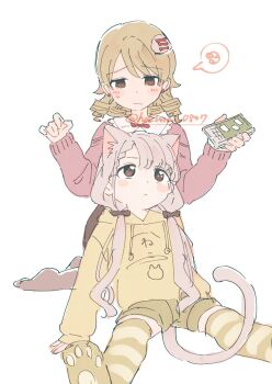 2girls animal_ear_fluff animal_ears animal_print asymmetrical_bangs blonde_hair blush bow brown_bow brown_eyes brown_shorts brown_skirt brown_thighhighs cat_ears cat_girl cat_print cat_tail cellphone closed_mouth clothes_writing collar commentary_request drill_hair expressionless grey_hair hair_bow half-closed_eyes highres hisakawa_nagi holding holding_phone idolmaster idolmaster_cinderella_girls kemonomimi_mode light_frown long_sidelocks long_sleeves medium_hair morikubo_nono multiple_girls paw_socks phone pink_sweater raised_inner_eyebrows shisui_(5830217) shorts sidelocks simple_background sitting skirt sleeves_past_wrists smartphone speech_bubble spoken_squiggle squiggle striped_clothes striped_thighhighs sweatdrop sweater swept_bangs tail thighhighs twin_drills white_background white_collar yellow_sweater yokozuwari zettai_ryouiki