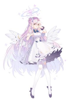 1girl absurdres ahoge black_scrunchie black_shoes blue_archive blue_bow blue_bowtie bow bowtie breasts buttons capelet cleavage cleavage_cutout clenched_hands clothing_cutout commentary crying crying_with_eyes_open double-breasted dress dress_bow feathered_wings footwear_bow frilled_dress frills full_body furrowed_brow hair_between_eyes hair_bun hair_over_shoulder halo hands_up high_heels highres kedge large_breasts long_hair looking_at_viewer low_wings medium_dress mika_(blue_archive) open_mouth pantyhose pink_hair pink_halo sad scrunchie shoes sidelocks simple_background single_side_bun solo sparkle standing tears torn_capelet torn_clothes torn_pantyhose trinity_general_school_logo very_long_hair white_background white_capelet white_dress white_pantyhose white_theme white_wings wings wrist_scrunchie yellow_eyes