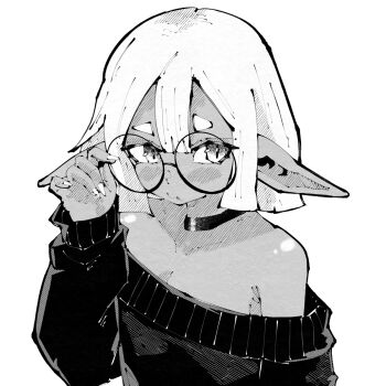 1girl adjusting_eyewear armpit_crease closed_mouth double-parted_bangs female_goblin glasses goblin greyscale hand_up highres long_pointy_ears long_sleeves looking_at_viewer miregeist monochrome off-shoulder_sweater off_shoulder original pointy_ears round_eyewear short_hair simple_background solo sweater upper_body white_background