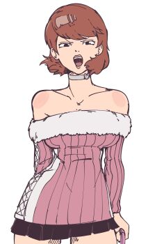 1girl bare_shoulders breasts brown_hair large_breasts lips long_sleeves persona persona_3 plow_(witch_parfait) short_hair skirt sweater takeba_yukari teeth white_background