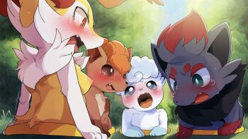 4girls alolan_form alolan_vulpix animal_sexualization black_fur blue_eyes braixen breasts brown_eyes brown_fur dagasi fang fangs furry furry_female gen_1_pokemon gen_5_pokemon gen_6_pokemon gen_7_pokemon highres medium_breasts multiple_girls nintendo nipples open_mouth pokemon pokemon_(creature) portal_(object) red_eyes tearing_up vulpix white_fur yellow_fur zorua