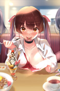 1girl alternate_costume alternate_eye_color alternate_hair_color alternate_universe blouse blurry blurry_foreground blush bra bra_pull bra_visible_through_clothes breasts brown_eyes brown_hair cherry_stem_knot cleavage clothes_pull collarbone collared_shirt commentary_request cup flashing food highres hololive hololive_fantasy houshou_marine ice_cream light_censor long_hair medium_breasts mole mole_on_breast nail_polish o-hako one_breast_out oppai_challenge out_of_frame pov_across_table presenting_breasts red_bra red_hair red_nails red_neckwear shirt solo sundae teacup tongue tongue_out twintails underwear virtual_youtuber white_shirt