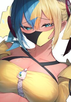 1girl absurdres blonde_hair blue_eyes blue_hair breasts canari_(pokemon) cleavage crop_top getto hair_ornament highres large_breasts looking_at_viewer mask mouth_mask multicolored_hair nintendo pokemon pokemon_legends:_z-a short_twintails solo split-color_hair twintails two-tone_hair upper_body zipper_pull_tab