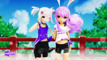 3d animal_ears artist_name bike_shorts bike_shorts_under_skirt black_choker black_skirt blender_(medium) blue_tank_top choker collarbone eyepatch fangs food hair_ornament heterochromia highres mika_pyon navel original popsicle print_eyepatch print_tank_top purple_hair rabbit_ears skirt star_(symbol) star_hair_ornament star_on_cheek strap_slip tank_top twintails white_hair white_tank_top wristband