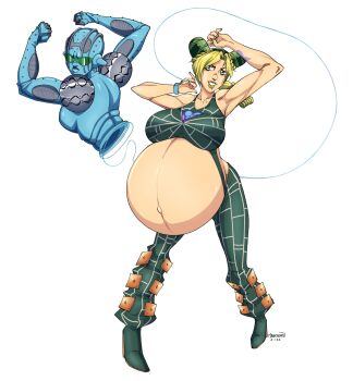 1girl armpits arms_up big_belly blonde_hair breasts double_bun female_focus full_body green_eyes green_hair hair_bun highres jojo_no_kimyou_na_bouken kuujou_jolyne large_breasts lipstick long_hair looking_at_viewer makeup marrazan matching_hair/eyes multicolored_hair nail_polish navel pregnant solo stone_ocean tattoo two-tone_hair