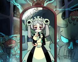 1girl 2020 adam_kapowski animated annie_(skullgirls) annie_(skullgirls)_(cosplay) armchair black_nails bloody_marie_(skullgirls) braid breast_envy cerebella_(skullgirls) cerebella_(skullgirls)_(cosplay) chair choker controller cosplay crowd double_(skullgirls)_(cosplay) dress eyepatch filia_(skullgirls) filia_(skullgirls)_(cosplay) grey_hair hair_ornament halloween halloween_costume hat jack-o'-lantern kuroirozuki maid_headdress mirror ms._fortune_(skullgirls) ms._fortune_(skullgirls)_(cosplay) multiple_girls nail_polish necktie nun nurse nurse_cap painwheel_(skullgirls) painwheel_(skullgirls)_(cosplay) parasoul_(skullgirls) parasoul_(skullgirls)_(cosplay) peacock_(skullgirls) peacock_(skullgirls)_(cosplay) pleated_skirt ponytail red_eyes reflection remote_control school_uniform skirt skull skull_hair_ornament skull_heart skullgirls solo_focus sound television top_hat twin_braids twintails valentine_(skullgirls) valentine_(skullgirls)_(cosplay) video