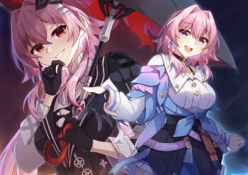2girls absurdres archery_shooting_glove black_choker black_gloves black_overskirt blue_eyes blue_jacket blue_skirt bra_strap breasts buttons choker cowboy_shot dual_persona earrings evernight_(honkai:_star_rail) flower gloves gradient_clothes gradient_jacket hair_flower hair_intakes hair_ornament hairclip highres holding holding_umbrella honkai:_star_rail honkai_(series) jacket jewelry kwkunai long_sleeves looking_at_viewer march_7th_(honkai:_star_rail) march_7th_(preservation)_(honkai:_star_rail) medium_breasts miniskirt multicolored_eyes multiple_girls off-shoulder_jacket off_shoulder official_alternate_costume official_alternate_design official_alternate_eye_color official_alternate_hair_length official_alternate_hairstyle open_hand open_mouth partially_fingerless_gloves pink_eyes pink_hair pink_jacket pink_pupils pleated_skirt reaching reaching_towards_viewer red_eyes shirt single_earring single_glove skirt smile tied_jacket two-tone_eyes umbrella underbust white_shirt