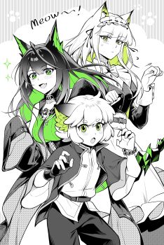 1boy 2girls :d :o absurdres animal_ears arknights bai_xin bare_shoulders beads blush claw_pose closed_mouth colored_inner_hair commentary dress fang fingerless_gloves gloves green_eyes green_hair highres jacket kal&#039;tsit_(arknights) long_hair long_sleeves luo_xiaohei luo_xiaohei_zhanji maid mon3tr_(arknights) motion_lines multicolored_hair multiple_girls official_alternate_costume open_mouth partially_colored paw_pose shirt short_hair single_fingerless_glove skin_fang sleeves_past_fingers sleeves_past_wrists smile sound_effects sparkle symbol-only_commentary