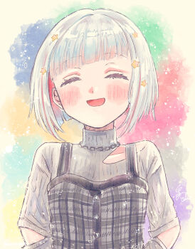 Rule 34 | 1girl, ^ ^, alt text, blue background, blush, bob cut, chain, chain necklace, closed eyes, clothing cutout, collarbone, colored inner hair, colorful background, commentary request, diagonal bangs, elbow cutout, facing viewer, green background, grey hair, grey sweater, hair ornament, happy, highres, inverted bob, jewelry, link! like! love live!, loungewear, love live!, multicolored hair, necklace, open mouth, purple background, red background, red hair, short hair, shoulder cutout, solo, star (symbol), star hair ornament, streaked hair, sweater, turtleneck, turtleneck sweater, upper body, virtual youtuber, white (waterwhite), yellow background, yugiri tsuzuri, yugiri tsuzuri (winter loungewear)