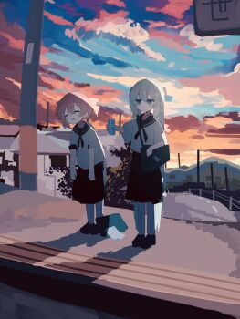 2girls afk_0831 bag black_neckerchief black_sailor_collar black_skirt blue_hair blue_sky cloud cloudy_sky commentary_request drill_hair hatsune_miku highres kasane_teto multicolored_sky multiple_girls neckerchief orange_sky outdoors pink_hair sailor_collar school_uniform serafuku shadow short_sleeves skirt sky slouching standing sunset twin_drills twintails utau utility_pole vocaloid