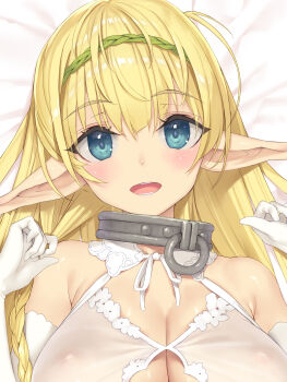 1girl aqua_eyes blonde_hair blush braid breasts cleavage collar commentary_request dress elbow_gauntlets elbow_gloves elf from_above gloves green_hairband hair_between_eyes hairband hands_up highres huge_breasts isekai_maou_to_shoukan_shoujo_no_dorei_majutsu long_hair looking_at_viewer lying metal_collar o-ring_collar official_art on_back on_bed open_mouth pointy_ears shera_l._greenwood single_braid smile solo teeth tsurusaki_takahiro upper_body very_long_hair white_gloves