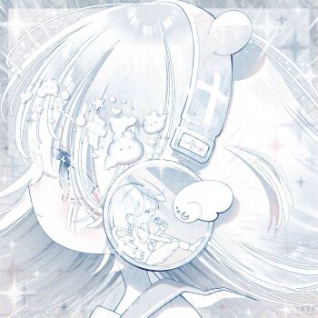 2girls blush closed_mouth eyelashes feathered_wings hair_ornament hairclip halo headphones highres holding holding_microphone long_hair looking_afar microphone monochrome multiple_girls music original profile singing sitting square thk_41 white_theme wings