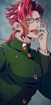 1boy bad_id bad_pixiv_id bespectacled gakuran glasses gradient_background jean_pierre_polnareff jojo_no_kimyou_na_bouken kakyoin_noriaki male_focus moru purple_eyes red_hair school_uniform solo tongue tongue_out