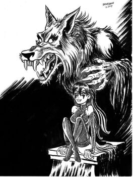 1boy 1girl batsy_(wulf_&amp;_batsy) black_hair breasts bryan_baugh cevin_wulf_orlock_(wulf_&amp;_batsy) claws collarbone crossed_legs dated detached_sleeves fangs heattech_leotard horror_(theme) lace lace-trimmed_thighhighs lace_trim large_breasts leotard long_hair open_mouth original signature sitting smile stone_pillar thighhighs turtleneck vampire werewolf wulf_&amp;_batsy