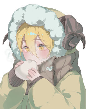 1girl absurdres brown_scarf commentary don_quixote_(project_moon) eating food fur-trimmed_hood fur_trim hair_between_eyes heishou_pack-wei_branch_(identity)_(project_moon) highres holding holding_food hood hood_up hooded_jacket horns jacket korean_commentary limbus_company long_sleeves looking_at_food poiuy project_moon scarf sheep_horns simple_background slit_pupils solo steamed_bun upper_body white_background yellow_eyes yellow_jacket