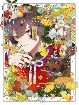 Rule 34 | 1boy, :p, absurdres, anmitsu (dessert), banana, banana slice, border, brown hair, candy, cherry, chocolate, commentary request, facial tattoo, finger to mouth, flower knot, food, food on head, fruit, ginkgo leaf, green eyes, green hood, green nails, hand up, highres, holding, holding spoon, holding weapon, hood, hood up, ice, ice cube, jelly bean, jewelry, kiwi (fruit), kiwi slice, leaf, looking at viewer, male focus, mandarin collar, multiple rings, nail polish, object on head, original, ornate border, pineapple, pineapple slice, pouring, red shirt, ring, sauce, shira mame93, shirt, short hair, simple background, solo, spoon, sugar cube, tattoo, tongue, tongue out, translation request, weapon, whipped cream, white background