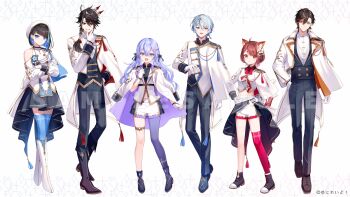 3boys 3girls :d animal_ear_fluff animal_ears bare_shoulders black_boots black_pants black_shirt black_skirt black_vest blue_eyes blue_hair blue_shoes blue_thighhighs boots brown_hair brown_shoes closed_mouth collared_shirt commentary_request copyright_request cropped_jacket crossed_arms dress_shirt earrings gloves green_eyes grey_hair heterochromia jacket jacket_on_shoulders jewelry knee_boots long_hair long_sleeves momoshiki_tsubaki multicolored_hair multiple_boys multiple_girls official_art open_mouth orange_hair pants pantyhose puffy_long_sleeves puffy_sleeves purple_eyes purple_hair purple_pantyhose red_eyes red_hair red_thighhighs sample_watermark shirt shoes short_hair shorts single_leg_pantyhose single_thighhigh skirt smile standing streaked_hair thighhighs thighhighs_under_boots two-tone_hair very_long_hair vest virtual_youtuber watermark white_background white_boots white_gloves white_jacket white_shirt white_shorts