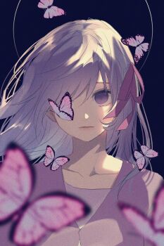 1girl bug butterfly choppy_bangs collarbone empty_eyes fate/stay_night fate_(series) halo highres insect layered_clothes long_hair looking_at_viewer matou_sakura monochrome_background one_eye_covered open_mouth partially_shaded_face pink_butterfly pink_eyes pink_hair pink_shirt roku_(ntbr_fate) shirt solo swept_bangs upper_body