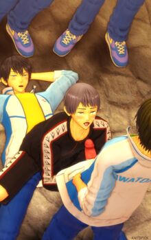 10s 3d 5boys absurdres black_hair blue_eyes blush clothed_sex crying cum cum_in_mouth cum_on_body cum_on_tongue facial free! grey_hair group_sex highres jacket jersey kaitopics male_focus mole multiple_boys nanase_haruka_(free!) naughty_face nitori_aiichirou penis short_hair size_difference tachibana_makoto yaoi