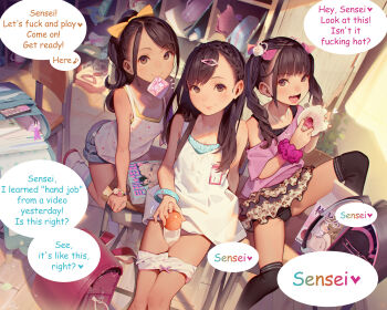 3girls :p animal_print artificial_vagina backpack bag black_panties black_skirt black_thighhighs bow bracelet braid brown_eyes brown_hair classroom closed_mouth commentary_request condom condom_in_mouth condom_wrapper dildo dress english_text female_focus frilled_skirt frills gyaru hair_bow hair_ornament hairclip heart heart_necklace highres holding holding_sex_toy indoors jewelry kneeling leopard_print loli long_hair looking_at_viewer lotion medium_hair mouth_hold muk_(monsieur) multiple_girls necklace off-shoulder_shirt off_shoulder open_mouth orange_bow original panties panty_pull pink_bow pink_scrunchie pink_shirt print_skirt randoseru red_bag roomscape scrunchie sex_toy shirt shoes short_hair sitting skirt sleeveless sleeveless_dress smile speech_bubble thighhighs thighs tongue tongue_out twintails underwear white_dress white_footwear white_panties wrist_scrunchie