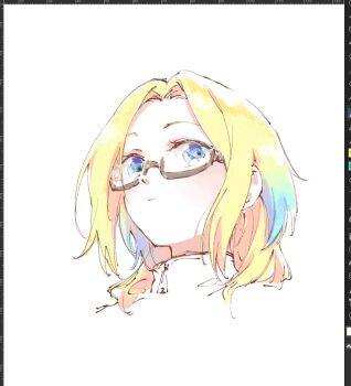 1girl art_program_in_frame blonde_hair blue_eyes blue_hair brown-framed_eyewear closed_mouth cropped_head curtained_hair glasses gradient_hair highres l9525 link!_like!_love_live! long_hair looking_at_viewer love_live! meme multicolored_hair official_alternate_costume osawa_rurino osawa_rurino_(summer_loungewear) parted_bangs semi-rimless_eyewear simple_background solo turtleneck under-rim_eyewear upward_angle_frieren_drawing_(meme) virtual_youtuber white_background