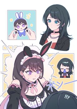 2girls animal_ears bang_dream! bang_dream!_it&#039;s_mygo!!!!! black_choker black_hair blue_eyes character_doll choker commentary detached_sleeves doll fake_animal_ears highres jewelry linked_piercing maid_headdress medium_hair multiple_girls necklace object_kiss open_mouth piercing purple_eyes rabbit_ears shiina_taki sweatdrop symbol-only_commentary yahata_umiri yuri zizoumiao