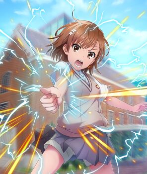 1girl blue_sky breasts brown_eyes brown_hair brown_vest building cloud cowboy_shot day dot_nose electricity electrokinesis flower game_cg grey_shorts grey_skirt hair_flower hair_ornament head_tilt incoming_attack legs_apart looking_at_viewer misaka_mikoto official_art open_mouth outdoors railgun_(misaka_mikoto) school_uniform shirt short_hair short_sleeves shorts shorts_under_skirt skirt sky small_breasts solo summer_uniform teeth third-party_source toaru_kagaku_no_railgun toaru_majutsu_no_index toji_no_miko toji_no_miko:_kizamishi_issen_no_tomoshibi tokiwadai_school_uniform vest white_flower white_shirt