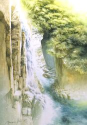 Rule 34 | cliff, forest, grass, highres, nature, no humans, original, river, riverbank, scenery, shimizu megumi (m acquerello), tree, water, waterfall