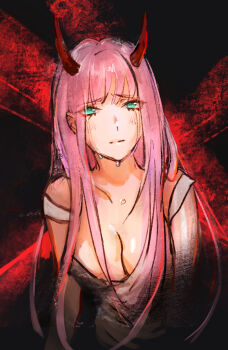 1girl breasts centimetre cleavage crying darling_in_the_franxx dress green_eyes grey_dress highres horns long_hair medium_breasts pink_hair raised_inner_eyebrows red_background red_horns solo strap_slip streaming_tears tears upper_body zero_two_(darling_in_the_franxx)