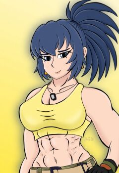 1girl blue_eyes blue_hair breasts female_focus gloves huge_breasts large_breasts leona_heidern long_hair looking_at_viewer military pale_skin pants ponytail shinji_goarts08 shirt smiley_face tank_top the_king_of_fighters