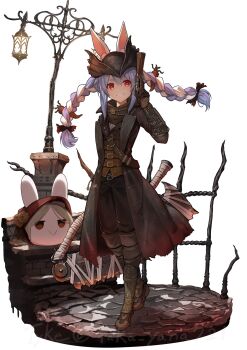 1girl alternate_costume animal_ear_fluff animal_ears black_coat black_hat black_pants bloodborne blue_hair boots braid brown_boots coat commentary_request cosplay full_body gloves gun handgun hat highres holding holding_gun holding_weapon hololive hunter_(bloodborne) hunter_(bloodborne)_(cosplay) long_hair looking_at_viewer multicolored_hair pants plain_doll rabbit_ears rabbit_girl red_eyes saw saw_cleaver short_eyebrows sidelocks smile taka.yana thick_eyebrows tricorne twin_braids twitter_username two-tone_hair usada_pekora virtual_youtuber weapon white_background white_hair