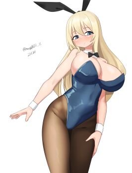 Rule 34 | 1girl, absurdres, alternate costume, animal ear hairband, animal ears, atago (kancolle), black bow, black bowtie, black pantyhose, blonde hair, blue eyes, blue leotard, bow, bowtie, breasts, commentary request, dated, detached collar, fake animal ears, feet out of frame, green eyes, hairband, hand on own thigh, highres, kantai collection, large breasts, leotard, long hair, maru (marg0613), pantyhose, playboy bunny, rabbit ears, simple background, solo, standing, strapless, strapless leotard, twitter username, white background, wrist cuffs