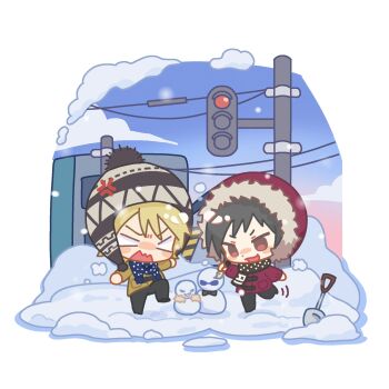 Rule 34 | 2boys, black hair, black pants, blank eyes, brown eyes, chibi, chibi only, cloud, commentary, double-parted bangs, durarara!!, fur-trimmed hood, fur trim, hair between eyes, hat, heiwajima shizuo, highres, hood, hood up, hooded jacket, jacket, long sleeves, male focus, multiple boys, open mouth, orihara izaya, outdoors, pants, pom pom (clothes), power lines, red jacket, scarf, sharkpepper002, shovel, snow, snowing, standing, standing on one leg, symbol-only commentary, traffic light, utility pole, white background, winter, winter clothes, yellow jacket