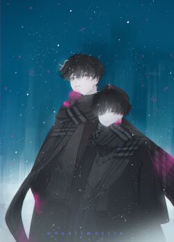 2boys black_coat black_eyes black_hair black_scarf black_vest coat hat height_difference highres kim_dokja looking_at_viewer male_focus multiple_boys omniscient_reader&#039;s_viewpoint roellm scarf short_hair sky snowing star_(sky) starry_sky vest yoo_joonghyuk