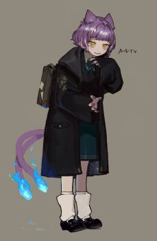 absurdres animal_ears bob_cut cat_ears cat_girl cat_tail claw_pose fingernails highres loafers loose_socks messy_hair multiple_tails nanora nekomata original purple_hair purple_nails school_uniform sharp_fingernails shoes short_hair signature socks tail two_tails white_socks yellow_eyes