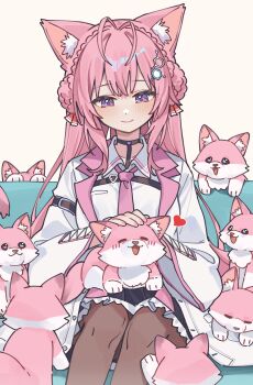 1girl absurdres animal_ears antenna_hair black_choker black_pantyhose black_skirt braid braided_bun chest_belt choker closed_mouth coat collared_shirt commentary_request couch cross-laced_clothes cross-laced_sleeves crown_braid double-parted_bangs double_bun frilled_coat frilled_skirt frills hair_bun hakui_koyori hakui_koyori_(1st_costume) hexagon_hair_ornament highres hololive kokoro_(hakui_koyori) lab_coat lapels long_hair long_sleeves looking_at_viewer loose_necktie miniskirt necktie notched_lapels on_couch pantyhose pink_hair pink_necktie pleated_skirt purple_eyes shirt sidelocks simple_background skirt smile solo straight-on tsukino_(nakajimaseiki) very_long_hair virtual_youtuber white_background white_coat white_shirt wolf_ears wolf_girl