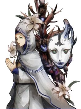 1girl 4me3ba_niku alternate_form blue_lips commentary_request demon_(megami_tensei) dual_persona eldritch_abomination flower gabby_(smtiv) gabriel_(megami_tensei) green_eyes highres hooded_robe mole mole_under_eye nun own_hands_together robe shin_megami_tensei shin_megami_tensei_iv simple_background standing white_background white_flower white_robe