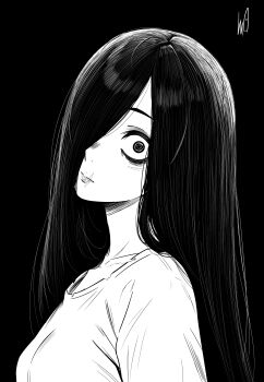 1girl absurdres bags_under_eyes black_background closed_mouth commentary ghost_girl greyscale hair_over_one_eye highres long_hair looking_at_viewer lughost monochrome scar scar_on_face scar_on_mouth shirt signature simple_background solo the_ring upper_body wide-eyed yamamura_sadako