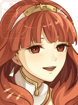 1girl ak_87_kt blunt_bangs celica_(fire_emblem) collar detached_collar earrings fire_emblem fire_emblem_echoes:_shadows_of_valentia hairband highres jewelry long_hair looking_at_viewer nintendo open_mouth portrait red_eyes red_hair smile solo teeth tiara upper_teeth_only white_collar