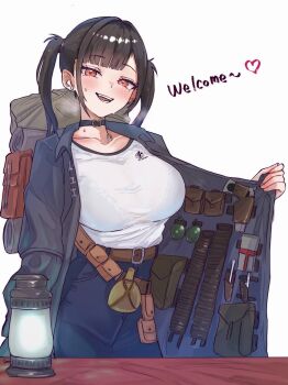 1girl absurdres backpack bag belt black_choker black_coat black_hair blush bra_visible_through_clothes breasts choker coat earbuds earphones english_text explosive flask goddess_of_victory:_nikke grenade gun heart highres kunimoto_rikuya lantern large_breasts looking_at_viewer merchant_(resident_evil) open_clothes open_coat pain red_eyes resident_evil resident_evil_4 shirt simple_background sora_(nikke) sweat table twintails upper_body weapon white_background white_shirt