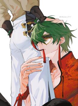 2boys ass beads black_pants bracelet chinese_clothes collarbone earrings from_behind green_eyes green_hair grey_jacket hair_between_eyes hair_over_one_eye hand_on_another&#039;s_head hand_on_another&#039;s_leg highres hugging_another&#039;s_leg jacket jewelry lighter_(zenless_zone_zero) looking_at_viewer mandarin_collar mouth_hold multiple_boys official_alternate_costume pants pectoral_cleavage pectorals red_pupils ribbon ribbon_in_mouth scar scar_on_arm scar_on_hand short_hair sunglasses tangzhuang twitter_username unowen_0111 white_background white_pants wise_(soaring_crane)_(zenless_zone_zero) wise_(zenless_zone_zero) wrist_ribbon yaoi zenless_zone_zero