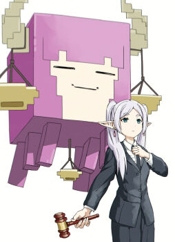 2girls =_= adjusting_clothes adjusting_necktie aura_(sousou_no_frieren) black_jacket black_necktie black_skirt demon_horns earrings elf expressionless formal_clothes frieren gavel ghast green_eyes grey_hair hair_over_shoulder holding_gavel horns jacket jewelry long_pointy_ears long_sleeves minecraft multiple_girls necktie parted_bangs pointy_ears purple_hair shirt simple_background skirt smile sousou_no_frieren standing teardrop_earrings thick_eyebrows torako_(toramaru) twintails white_background white_shirt wing_collar
