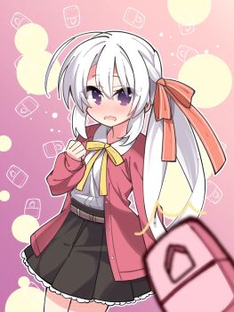 Rule 34 | 1girl, @ @, ^^^, ahoge, ayachi nene, black skirt, blush, bow, bowtie, casual, chinese commentary, clenched hands, collared shirt, commentary request, cowboy shot, embarrassed, eyes visible through hair, frilled skirt, frills, fuyou lev, grey hair, hair between eyes, hand up, high-waist skirt, highres, huge ahoge, implied masturbation, jacket, long hair, long ribbon, looking at viewer, making-of available, neck ribbon, nose blush, official alternate costume, official alternate hairstyle, open clothes, open jacket, open mouth, outline, pink background, pleated skirt, pov, purple eyes, red jacket, red ribbon, remote control vibrator, ribbon, sanoba witch, sex toy, shirt, side ponytail, sidelocks, simple background, skirt, sleeves past wrists, solo, very long hair, vibrator, wavy mouth, white outline, white shirt, yellow bow, yellow bowtie, yellow ribbon