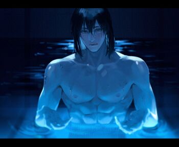 1boy abs black_hair bluesky_username chainsaw_man hair_between_eyes hair_undone hayakawa_aki highres i&#039;ll_teach_you_everything_(chainsaw_man) letterboxed light_reflection_(water) lips looking_at_viewer male_focus medium_hair nipples partially_submerged pectorals pool seagnalis short_hair solo twitter_username upper_body wet wet_hair