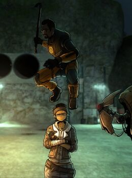 1boy 1girl :| alyx_vance antchan54 armor bandaged_arm bandages beard belt black_hair brown_gloves brown_hair closed_mouth crossed_arms crowbar d0g dark-skinned_female dark_skin facial_hair fingerless_gloves game_screenshot_background gameplay_mechanics glasses gloves gordon_freeman half-life half-life_(series) half-life_2 hev_suit highres holding holding_crowbar holding_weapon jacket lambda_symbol lamppost looking_at_another night orange_armor outdoors power_armor screenshot_background short_hair squatting standing_on_person weapon zipper_pull_tab
