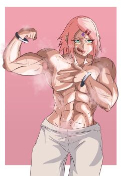 abs absurdres armpits boruto:_naruto_next_generations boruto:_two_blue_vortex breasts commentary green_eyes hairy haruno_sakura highres hot muscular muscular_female naruto_(classic) naruto_(series) naruto_shippuuden non-web_source pink_hair pubic_hair short_hair small_breasts smell sweat