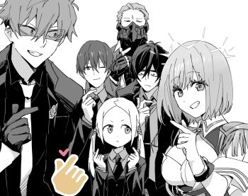 1girl 5boys black_hair black_suit borr breasts cleavage closed_eyes closed_mouth epaulettes formal_clothes frills gauma gloves gridman_universe gridman_universe_(movie) highres himagosan jacket large_breasts long_hair long_sleeves looking_at_viewer mask max_(ssss.gridman) monochrome multiple_boys necktie open_mouth samurai_calibur shinjou_akane shinjou_akane_(new_order) shirt short_hair simple_background smile suit sunglasses twintails upper_body vit white_background white_gloves