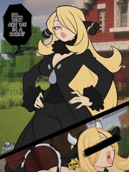 1girl anal_beads anal_tail animal_ears animal_print artist_name ass bar_censor black_coat black_collar black_pants blonde_hair breasts butt_plug censored censored_identity cleavage coat collar cow_ears cow_girl cow_horns cow_print cow_tail cowbell cynthia_(pokemon) ear_tag english_text eyelashes fake_animal_ears fake_horns fake_tail fur-trimmed_sleeves fur_collar fur_trim grey_eyes hair_ornament hair_over_one_eye hands_on_own_hips horns instant_loss large_breasts lips long_hair long_sleeves looking_at_viewer minecraft nintendo nude open_mouth outdoors pants parted_lips patreon_username pokemon pokemon_diamond/pearl/platinum sex_toy solo speech_bubble srbready tail teeth tongue tongue_out very_long_hair watermark web_address