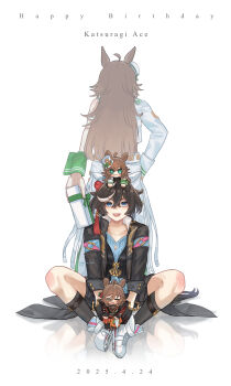 2girls absurdres ahoge animal_ears armband black_hair black_shoes black_shorts black_socks black_vest blue_eyes brown_hair character_name choker closed_mouth commentary_request dated ear_covers full_body gloves hair_ornament hairclip hand_on_own_hip happy_birthday hat high_heels high_tops highres horse_ears horse_girl horse_tail jacket katsuragi_ace_(pen_name:_ink_dragon)_(umamusume) katsuragi_ace_(umamusume) kneehighs long_sleeves looking_at_viewer mini_hat mini_top_hat mr._c.b._(umamusume) multiple_girls on_ground pants ponytail reflection shirt shoes short_hair shorts single_sleeve single_wrist_cuff smile sneakers socks songdu strapless strapless_shirt tail teeth top_hat twitter_username umamusume vest white_pants white_shoes wrist_cuffs
